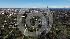 Aerial view of the Branca Tower and Sempione Park in Milan, Sempione park, Lombardy, Italy.