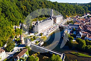 Aerial view of Brantome en Perigord overlooking Town hall, France