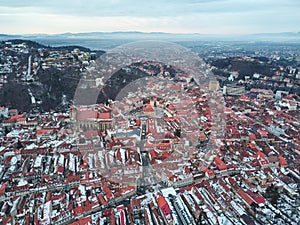 Aerial view of Brasov city in winter