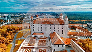 Aerial view of Bratislava Castle and city skyline on a summer afternoon