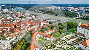 Aerial view of Bratislava Castle and city skyline on a summer afternoon