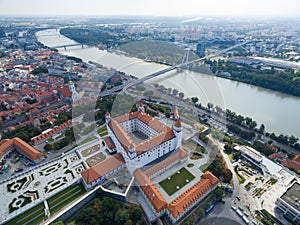 Aerial view of Bratislava castle and Danube river