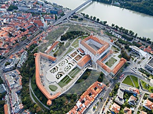 Aerial view of Bratislava castle and Danube river