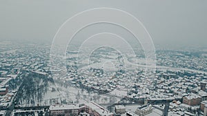 Aerial view of the Brcko District in Bosnia and Herzegovina on a snowy day