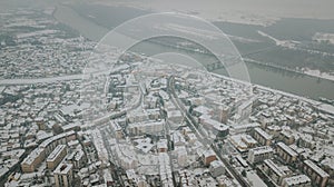 Aerial view of Brcko district under snow in Bosnia and Herzegovina