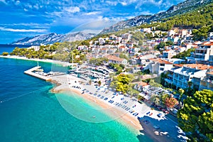 Aerial view of Brela beach and waterfront on Makarska riviera