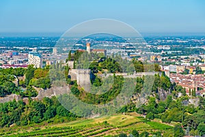Aerial view of Brescia with castle on a hill, Italy