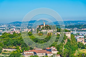 Aerial view of Brescia with castle on a hill, Italy