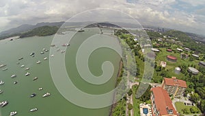 Aerial view of Bridge of the Americas across The Panama Canal