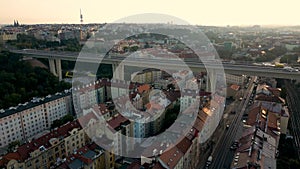 Aerial view of a bridge with car traffic over a railroad in Prague, Europe, 4k