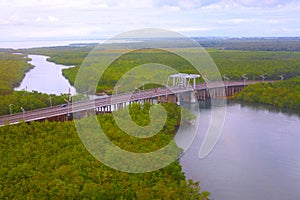 Aerial view on a bridge crossing the narrow strait separating the two Islands basse and grand terre of Guadeloupe