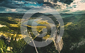 Aerial view of a bridge crossing the Tsonevo lake near Varna, Bu