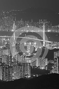 Aerial view of bridge and dowtown of Hong Kong city