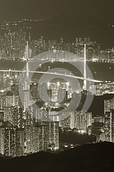 Aerial view of bridge and dowtown of Hong Kong city photo