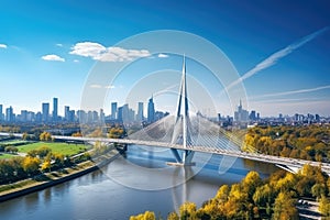 Aerial view of the bridge over the Dnieper river in Kiev, Ukraine, aerial drone view to cable-stayed Siekierkowski Bridge over the