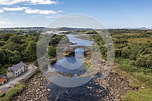 Aerial view of the bridge over Lackagh river close to Doe Castle by Creeslough in County Donegal, Republic of Ireland