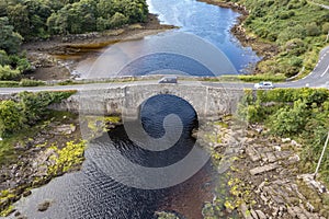 Aerial view of the bridge over Lackagh river close to Doe Castle by Creeslough in County Donegal, Republic of Ireland