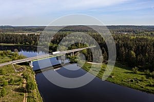 Aerial view of the bridge over the Neris river in Lithuania