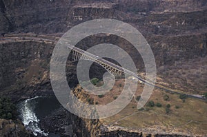 Aerial view of the bridge over the Zambesi river at Victoria Falls
