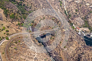 Aerial view of the bridge over the Zambezi River at the Zimbabwe and Zambia border near Victoria Falls