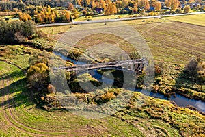 Aerial view of bridge to nowhere. An old bridge in Latvia never getting ready. Sati, Latvia
