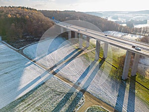 Aerial view of a bridge with vehicles near Giessen, Germany.