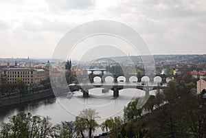 Aerial view of bridges over the Vlatva River in Prague, Czech Republic