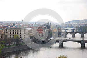 Aerial view of bridges over the Vlatva River in Prague, Czech Republic