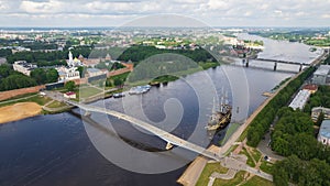 Aerial view of the bridges over the Volkhov River in Veliky Novgorod