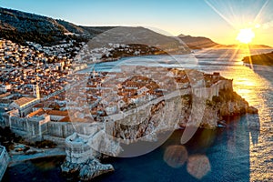 Aerial view of a bright sunrise over the old town of Dubrovnik, Croatia