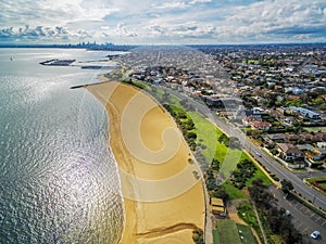 Aerial view of Brighton Beach and Melbourne CBD in the distance