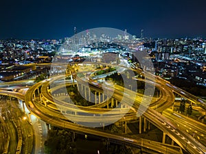 Aerial view of Brisbane city and highway traffic at night