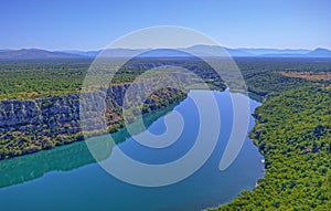 Aerial view of Brljan lake in Croatia in canyon of the Krka River