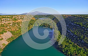 Aerial view of Brljan lake in Croatia in canyon of the Krka River