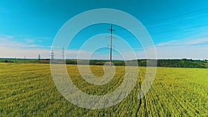 Aerial view of broad fiels with crops and electric poles in rural area. 4K.