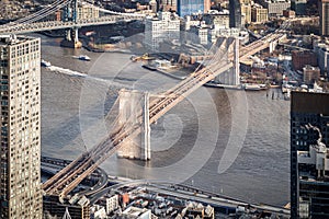 Aerial view of Brooklyn Bridge across the East river in New York