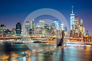 Aerial view of Brooklyn Bridge and Manhattan skyline, NYC