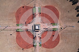 Aerial view of a brown baseball field in Gilbert Park, Arizona