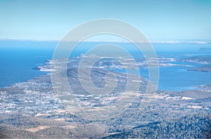 Aerial view of Bruny island from Mount Wellington in Hobart, Australia