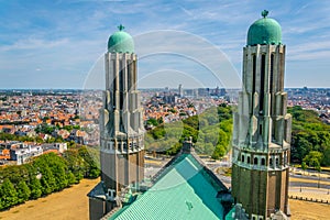 Aerial view of Brussels with two towers of Koekelberg basilica, Belgium