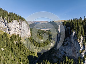 Aerial view of Bucegi Mountains and Bolboci Lake, Romania