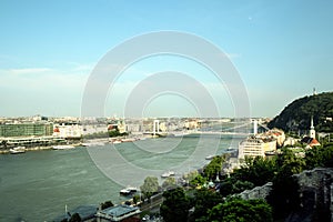 Aerial view of Budapest from Buda hill, with the Danube river and the Erzsebet bridge.