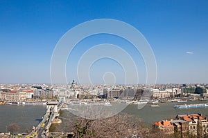 Aerial view of Budapest from Buda hill, with the Danube river, Szechenyi chain bridge, and Szent Istvan Basilica.