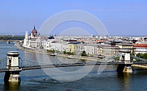 Aerial view of Budapest, the Danube, the Chain bridge and the Parliament