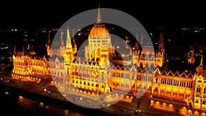 Aerial view of Budapest Hungarian Parliament Building at night, Hungary