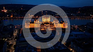 Aerial view of Budapest Hungarian Parliament Building at night, Hungary