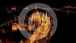 Aerial view of Budapest Hungarian Parliament Building at night, Hungary