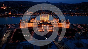 Aerial view of Budapest Hungarian Parliament Building at night, Hungary