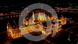 Aerial view of Budapest Hungarian Parliament Building at night, Hungary