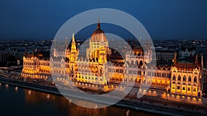 Aerial view of Budapest Hungarian Parliament Building at night, Hungary